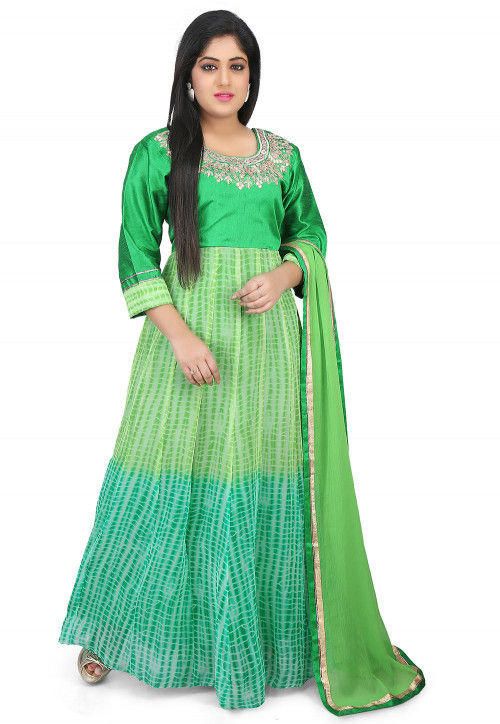 Shibori Dyed Georgette Abaya Style Suit in Shaded Green
