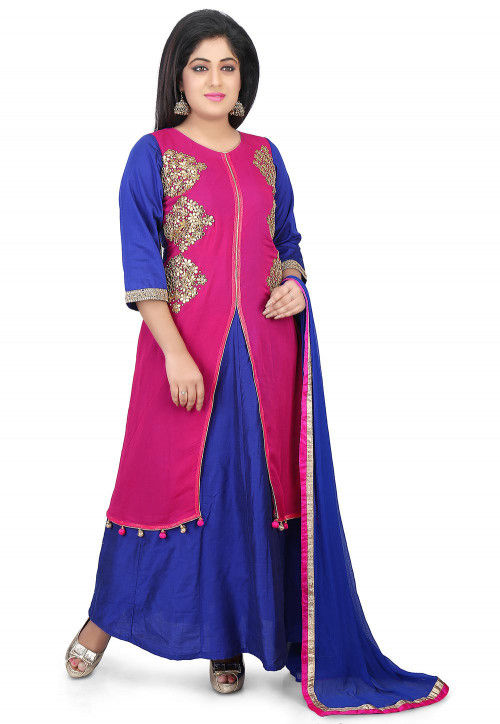 Gota Patti Georgette Abaya Style Suit in Fuchsia and Royal Blue