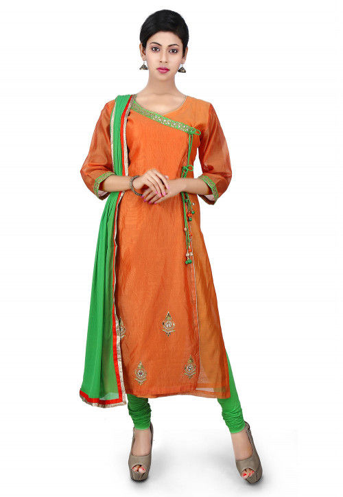 Gota Patti Cotton Chanderi Angrakha Style Suit in Orange