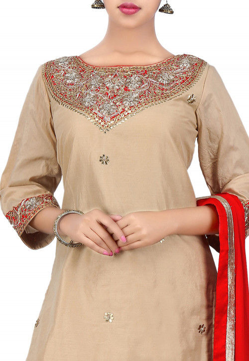 Gota Patti Embroidered Cotton Silk Straight Suit in Beige