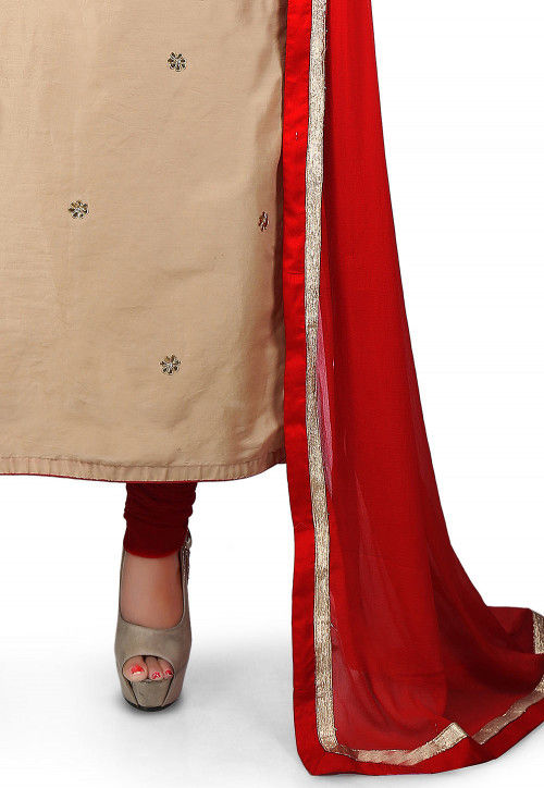 Gota Patti Embroidered Cotton Silk Straight Suit in Beige