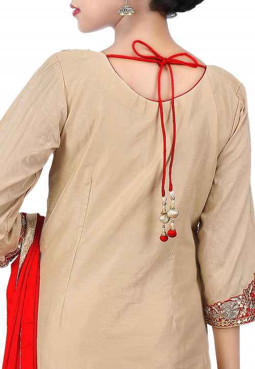 Gota Patti Embroidered Cotton Silk Straight Suit in Beige