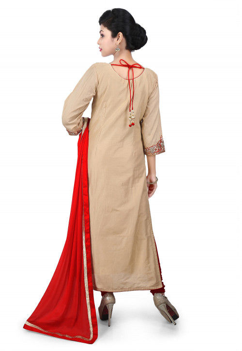 Gota Patti Embroidered Cotton Silk Straight Suit in Beige
