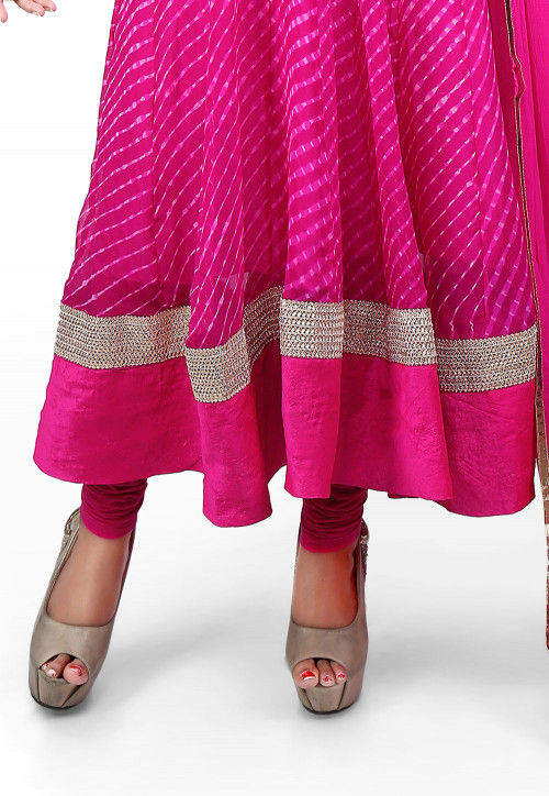 Pure Georgette Lehariya Anarkali Suit in Fuchsia