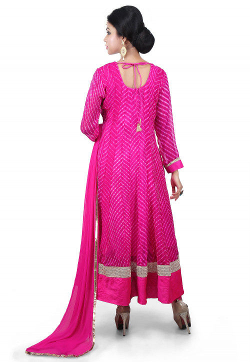Pure Georgette Lehariya Anarkali Suit in Fuchsia
