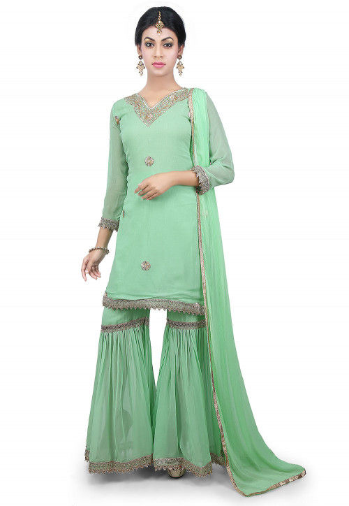 Hand Embroidered Neckline Georgette Pakistani Suit in Green