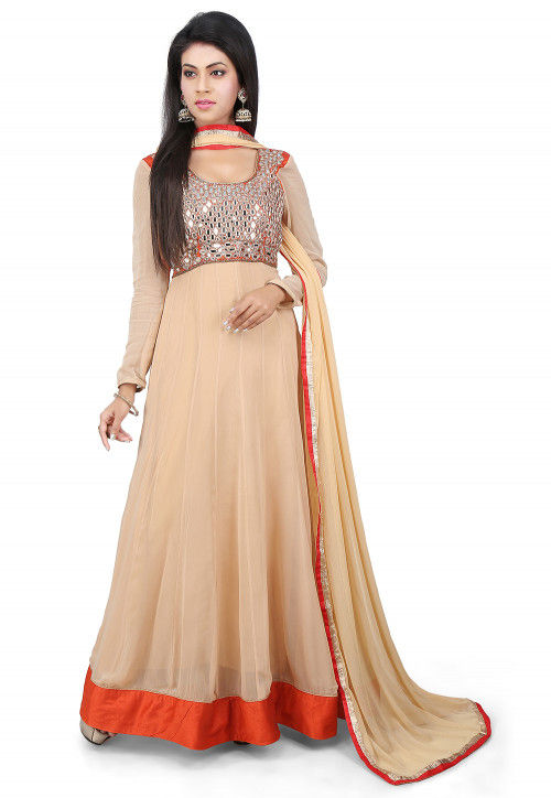 Embroidered Georgette Abaya Style Suit in Beige