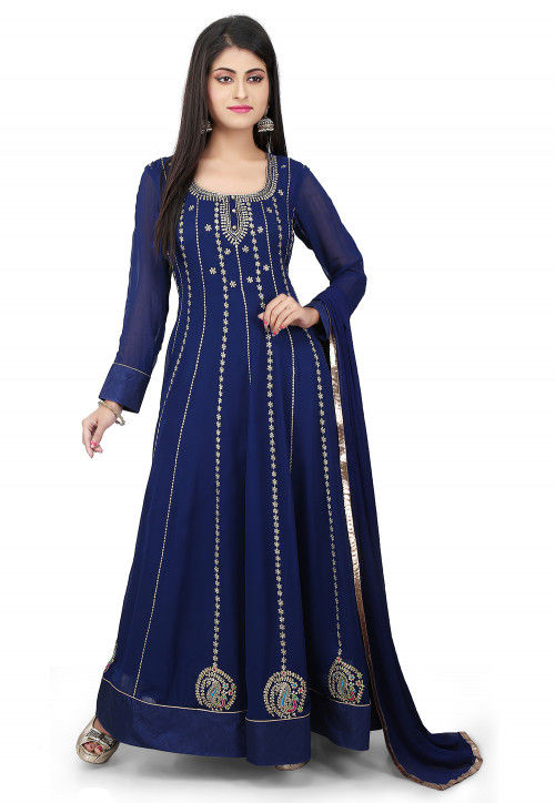 Embroidered Georgette Abaya Style Suit in Blue