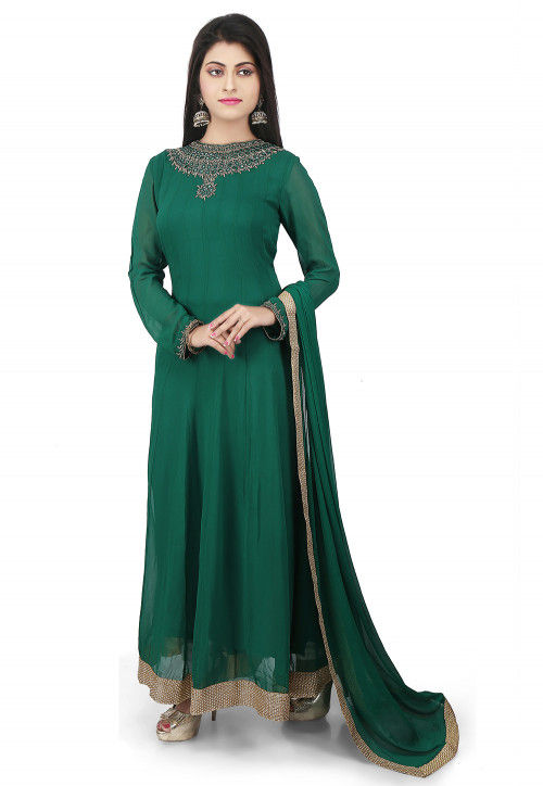 Plain Georgette Abaya Style Suit in Green