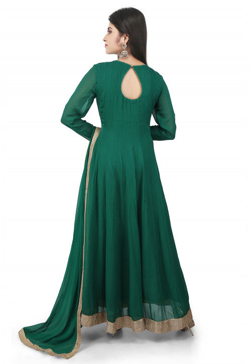 Plain Georgette Abaya Style Suit in Green