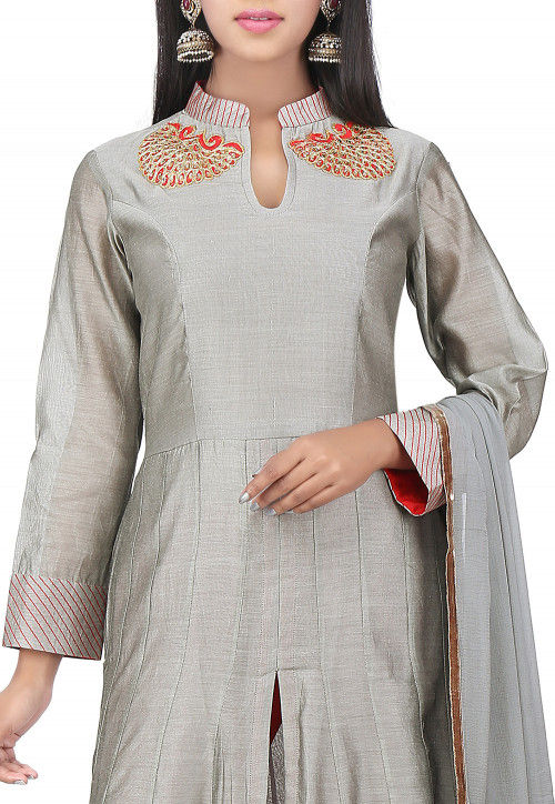 Embroidered Chanderi Cotton Anarkali Suit in Grey