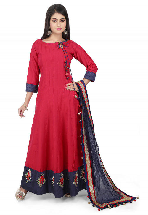 Plain Cotton Silk Abaya Style Suit in Red