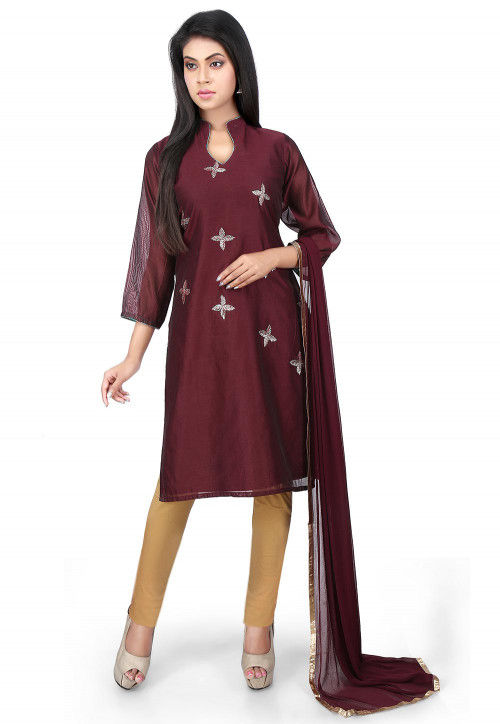 Embroidered Chanderi Cotton Straight Suit in Brown