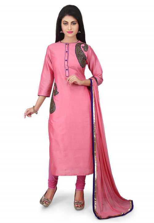 Embroidered Cotton Silk Straight Suit in Pink