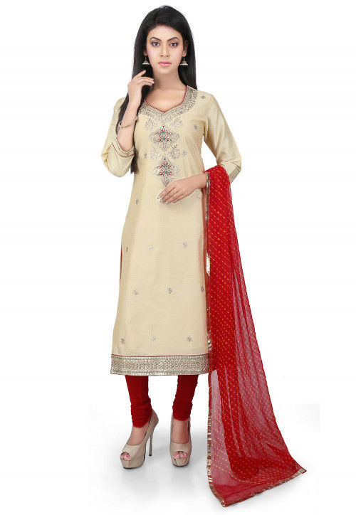 Hand Embroidered Cotton Silk Straight Suit in Light Beige