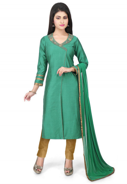 Embroidered Neckline Cotton Silk Angrakha Style Suit Green