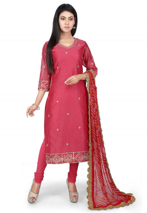Buy Embroidered Chanderi Cotton Straight Suit in Coral Pink Online ...