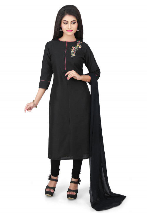 Plain Cotton Silk Straight Suit in Black
