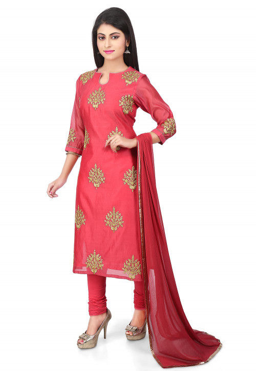 Embroidered Chanderi Cotton Straight Suit in Coral Red
