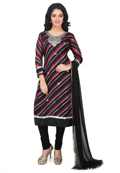 Embroidered Pure Kota Silk Straight Cut Suit in Black and Red