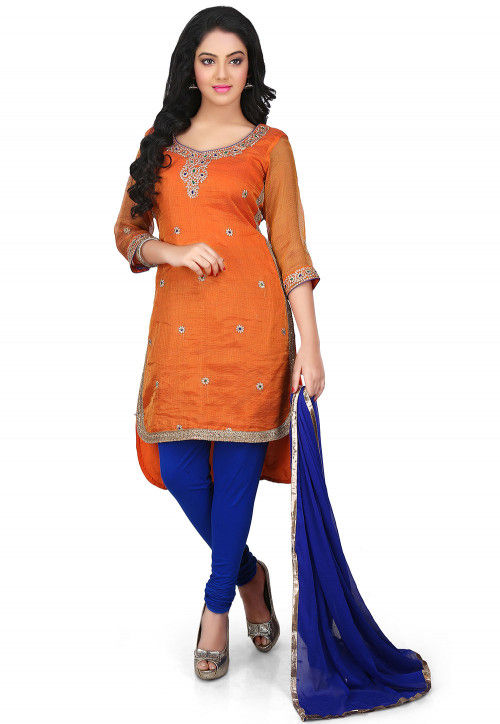 Embroidered Pure Kota Silk High Low Straight Cut Suit in Orange