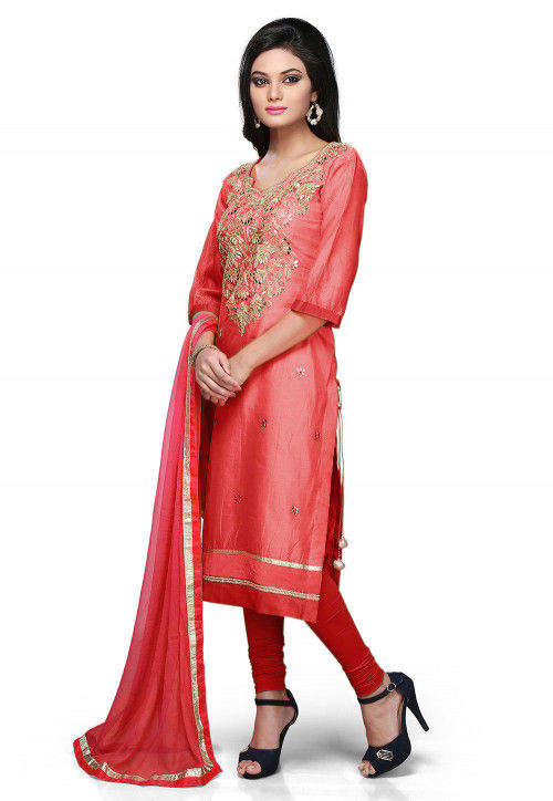 Embroidered Cotton Chanderi Straight Suit in Coral