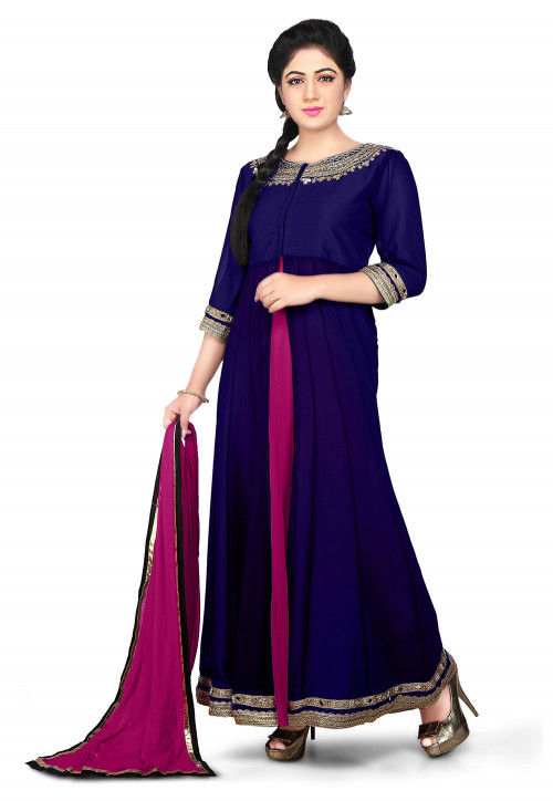 Embroidered Georgette Abaya Style Suit in Indigo Blue and Magenta