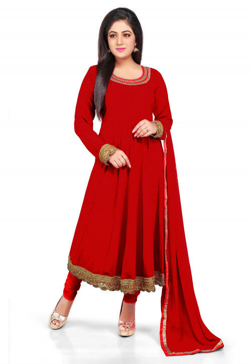 Plain Georgette Anarkali Suit in Red