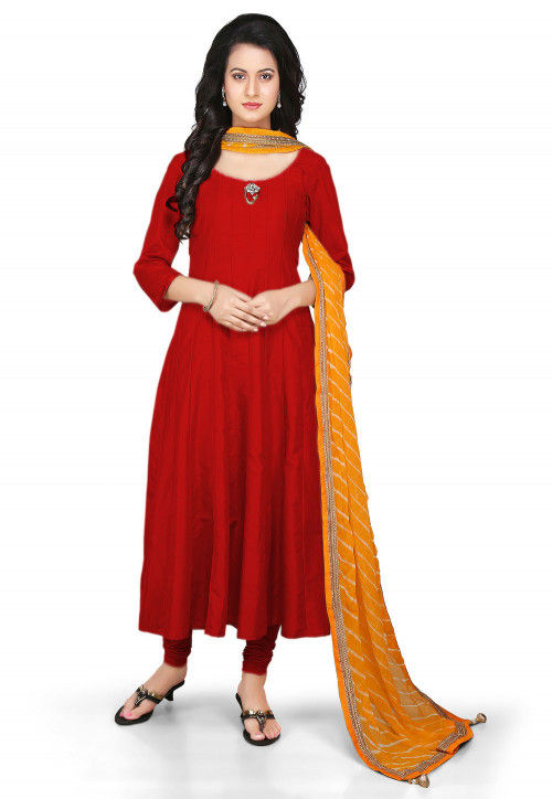 Plain Cotton Silk Anarkali Suit in Red