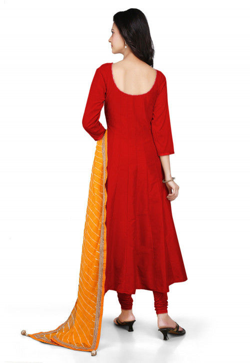 Buy Plain Cotton Silk Anarkali Suit in Red Online : KJN2445 - Utsav Fashion