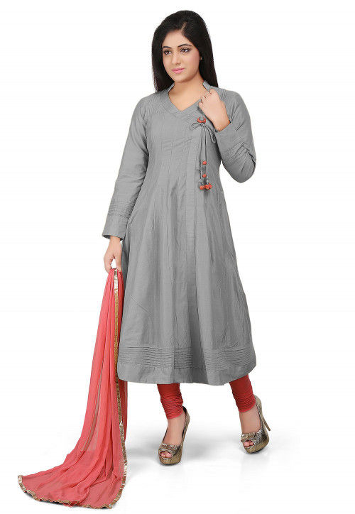 Plain Cotton Silk Angrakha Style Anarkali Suit in Grey KJN2477