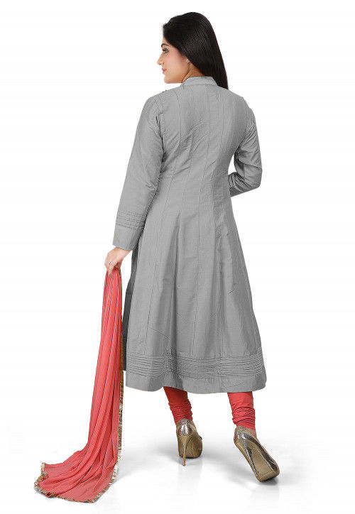Plain Cotton Silk Angrakha Style Anarkali Suit in Grey