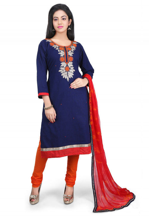 Hand Embroidered Cotton Straight Suit in Navy Blue