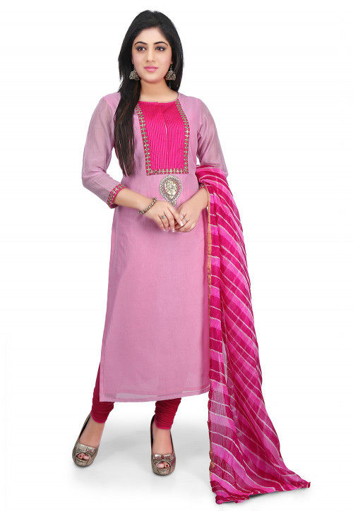 Plain Chanderi Cotton Straight Cut Suit in Pink