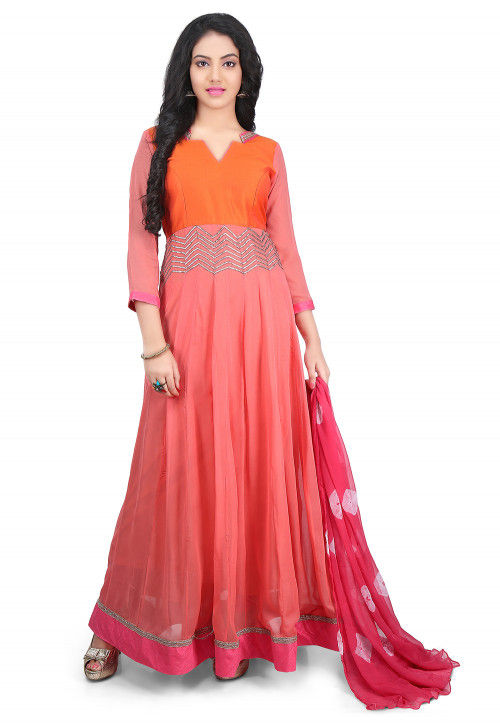 Plain Georgette Abaya Style Suit in Peach