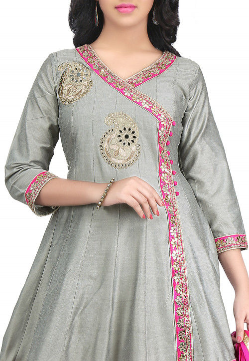 Embroidered Cotton Silk Angrakha Style Suit in Grey