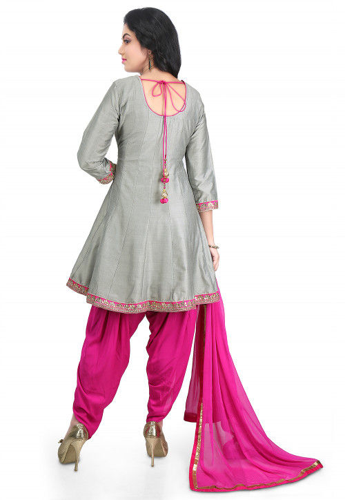 Embroidered Cotton Silk Angrakha Style Suit in Grey