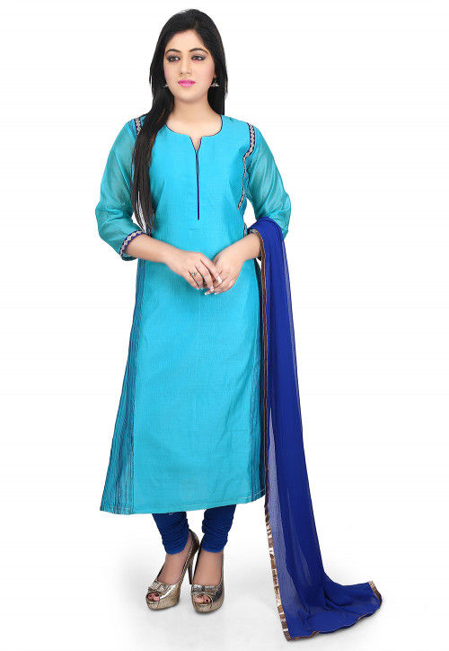 Plain Chanderi Cotton Straight Suit in Turquoise