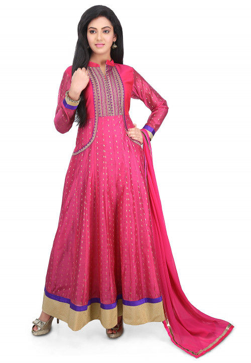 Woven Chanderi Silk Jacquard Abaya Style Suit in Fuchsia