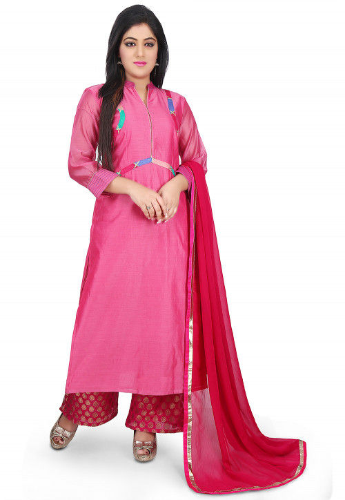 Plain Chanderi Cotton Pakistani Suit in Pink