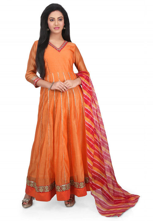 Plain Chanderi Cotton Abaya Style Suit in Orange