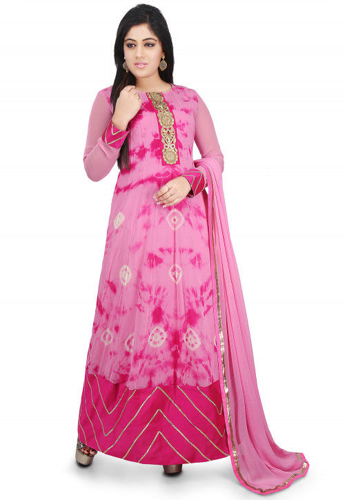 Printed Georgette Abaya Style Suit in Pink