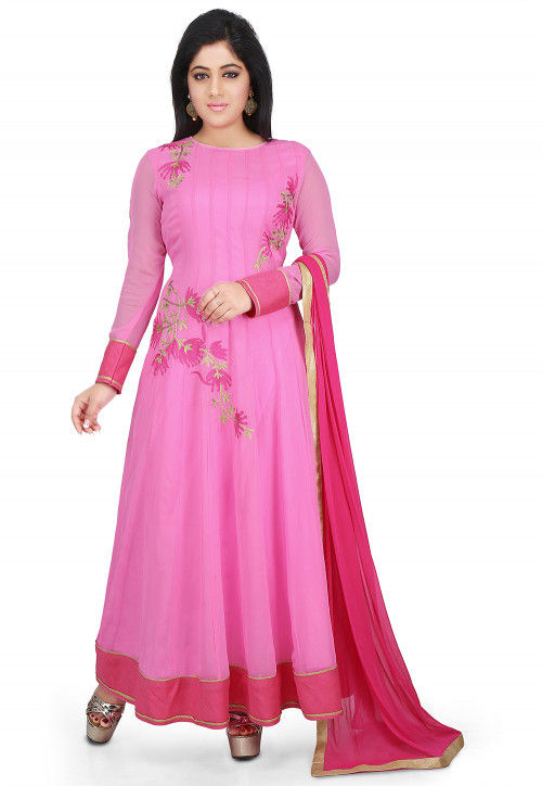 Buy Embroidered Georgette Abaya Style Suit in Pink Online : KJN2594 ...