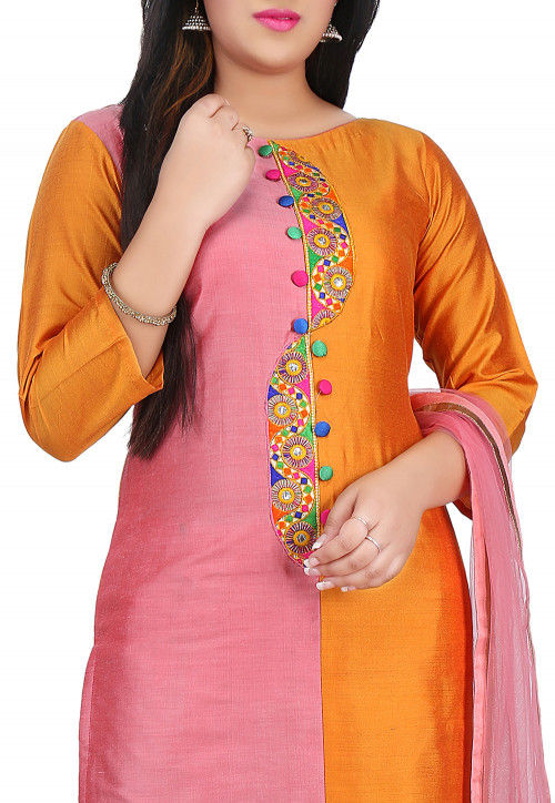 Embroidered Placket Cotton Silk Straight Suit in Pink