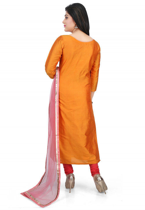 Embroidered Placket Cotton Silk Straight Suit in Pink