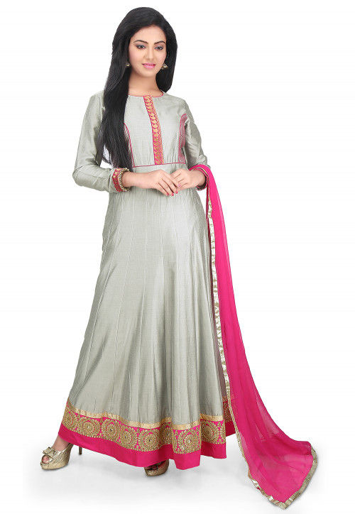 Embroidered Border Cotton Silk Abaya Style Suit in Grey