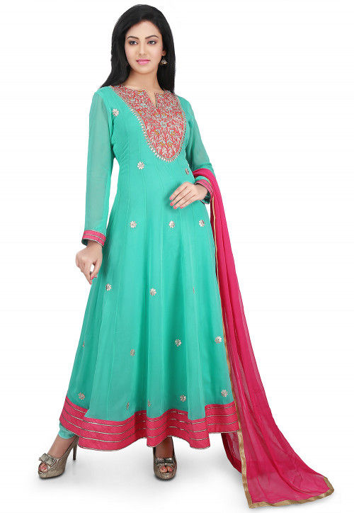 Hand Embroidered Georgette Abaya Style Suit in Sea Green