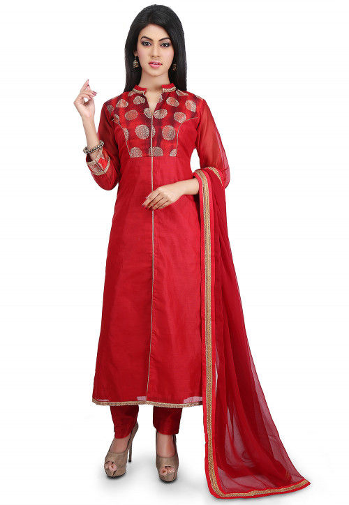 Plain Chanderi Cotton Straight Suit in Red