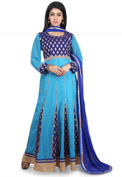 Woven Georgette Abaya Style Suit in Blue