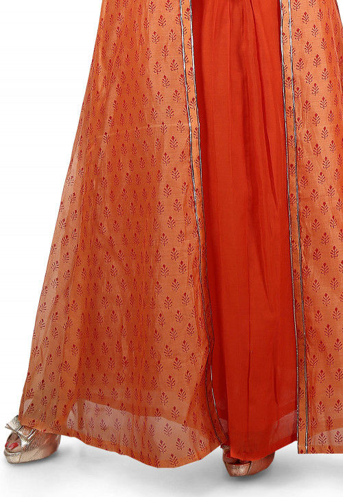 Printed Cotton Jacket Abaya Style Suit in Orange